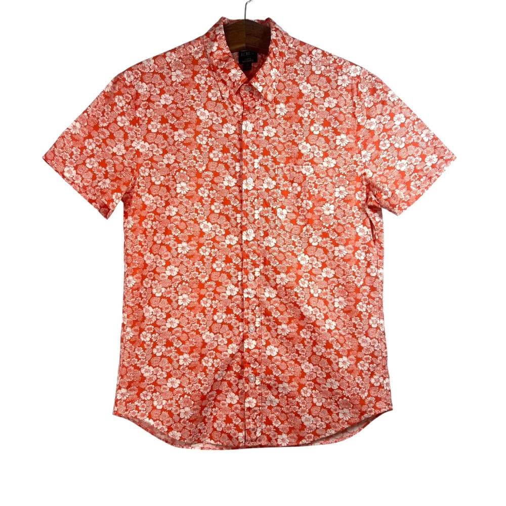 J. Crew Mens Orange White Floral Button Down Shirt Size M Flex Washed Slim Beach